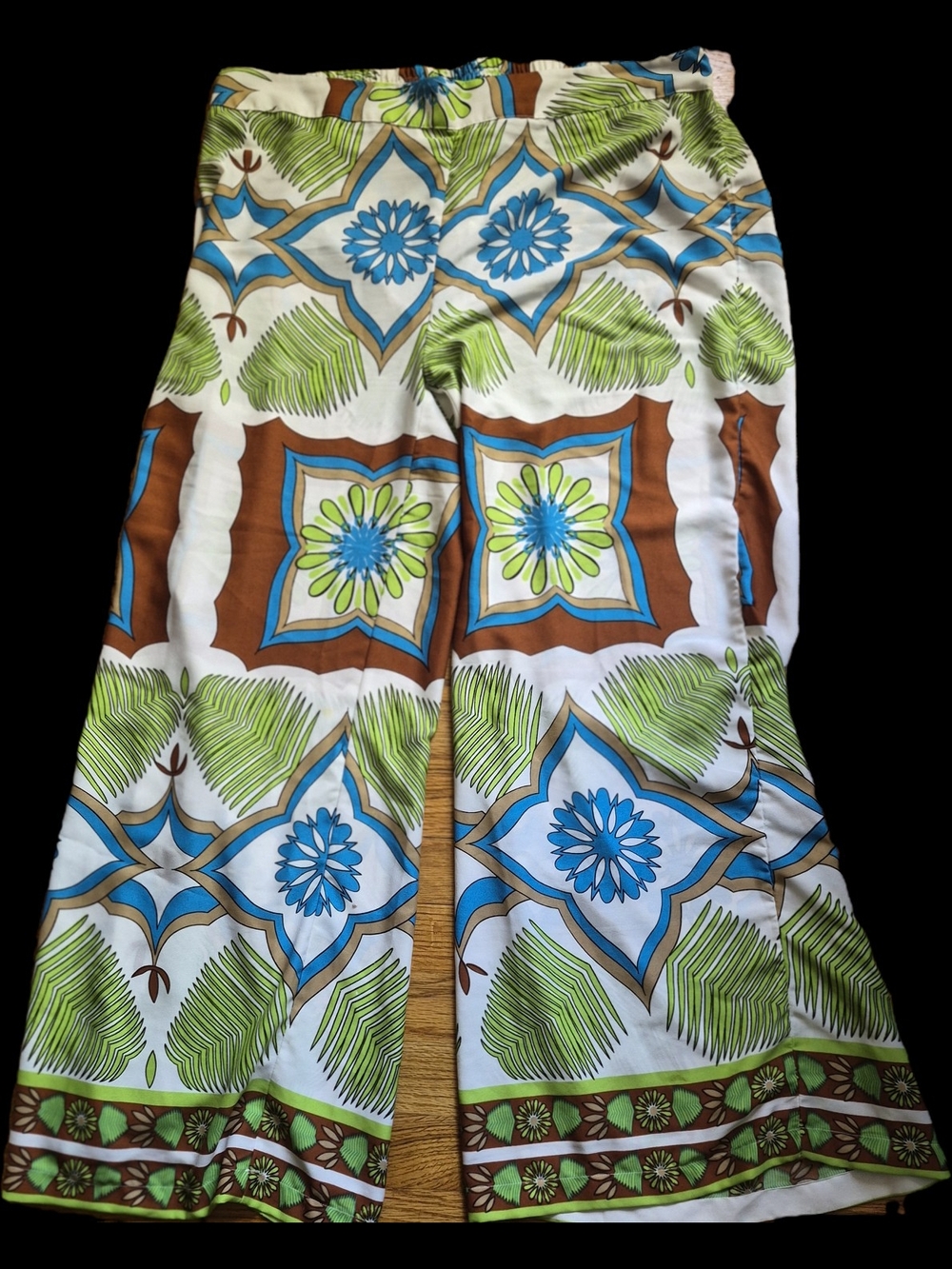 Ashley Stewart White Floral Wide Leg Pants with Blue, Green & Brown Print